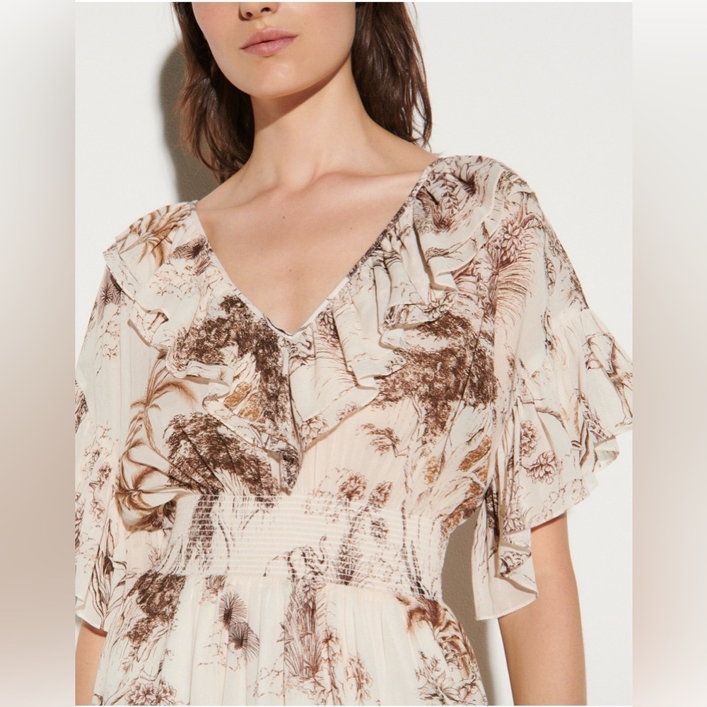 Sandro Paris Marro Ruffled Elephant Toile Midi Dress NWT $490 Size S